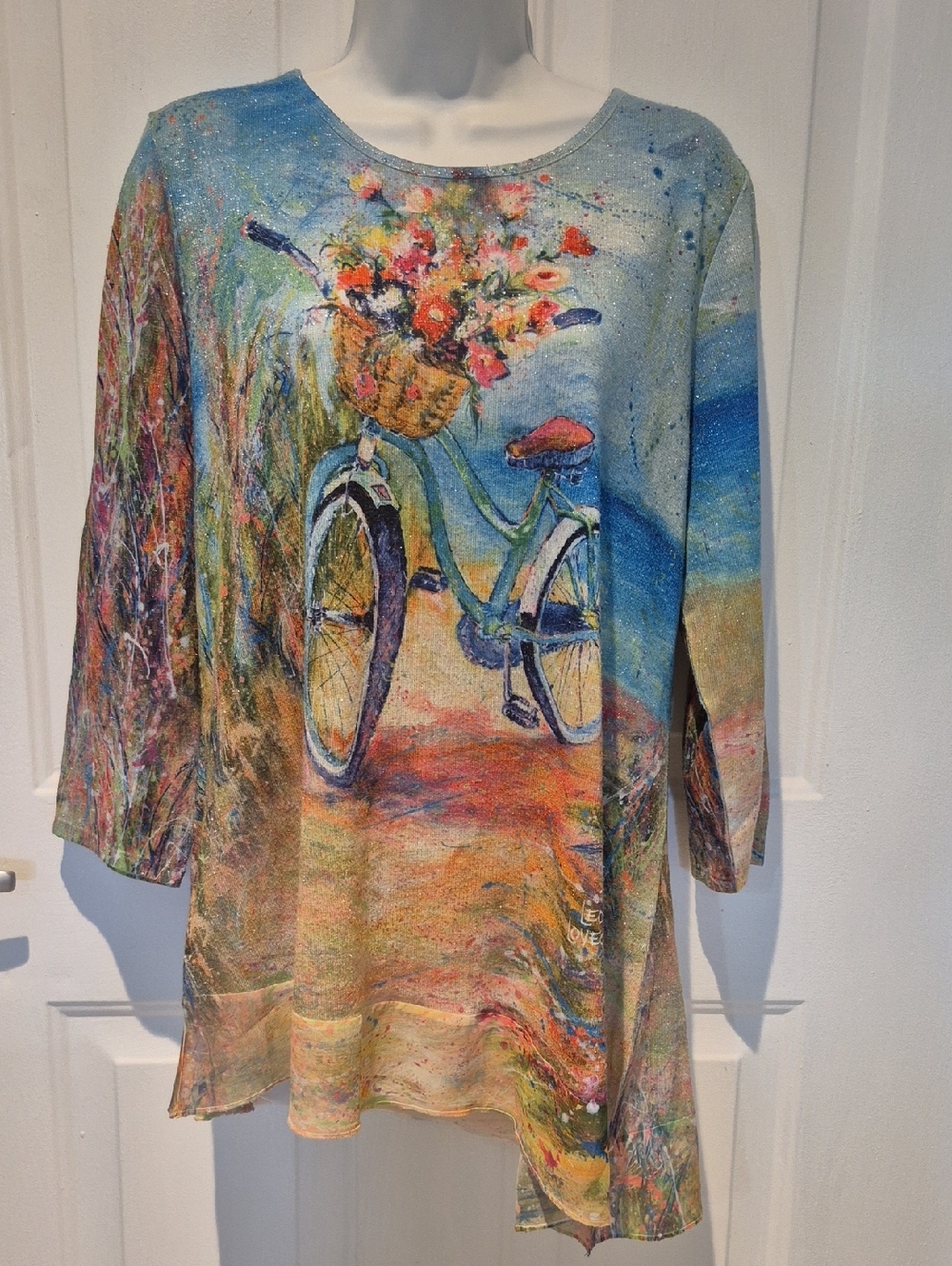 Leoma Lovegrive Asymmetrical Blue Multi-Color Bicycle Print Tunic Top. Sz L. EUC